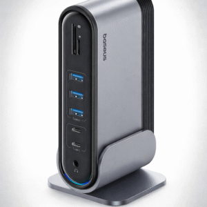 Baseus 17-in-1 USB-C docking station with triple 4K HDMI support, multiple USB ports, Ethernet, 100W power delivery, and card readers for laptops and MacBooks