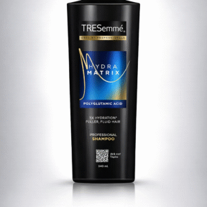 HydraMatrix Pro Hydration Shampoo 340ml bottle with polyglutamic acid for long-lasting hydration and fluid hair on white-grey background