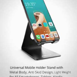 Portronics MODESK metal mobile holder stand in black with anti-skid base, lightweight universal desk stand for smartphones, tablets, Kindle, and iPad