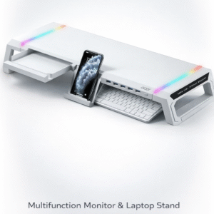 Acer Ergo white multifunction monitor and laptop stand with RGB lighting, aluminum body, 4-port USB hub, and keyboard storage space on a modern office desk.