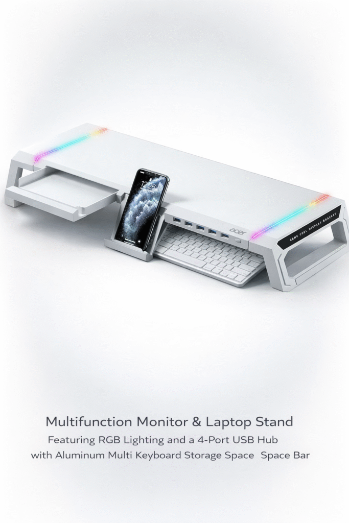 Acer Ergo white multifunction monitor and laptop stand with RGB lighting, aluminum body, 4-port USB hub, and keyboard storage space on a modern office desk.
