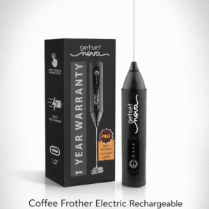 Rechargeable electric coffee frother with stainless steel whisk and black body, shown with packaging on a white-grey vignette background, ideal for making creamy coffee at home.