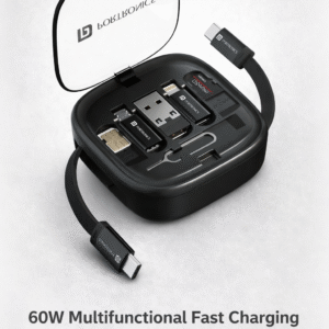 Portronics SnapCase Pro 60W multifunctional fast charging data cable kit with retractable USB Type-C cable, conversion adapters, SIM storage and eject pin in compact travel case