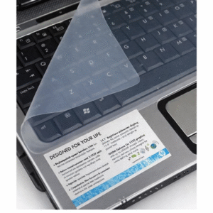 Transparent LS LAPSTER universal silicone keyboard protector skin placed on a 15.6-inch laptop keyboard for dust and spill protection