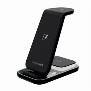 Honeywell Zest 3-in-1 23W wireless fast charger with clamp design, Type-C input, charging iPhone, Apple Watch, and AirPods on a white-grey background.